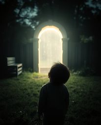 A captivating image of a child gazing up at a mysterious, magical portal nestled in their backyard. The scene is rendered in