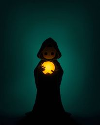 A rich deep teal background sets the stage for a silhouetted, cloaked figure holding a luminous glowing orb. Backlighting acc