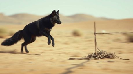 An intensely black and dynamically moving coyote is caught in a blurred-line desert scene, setting up a ridiculous trap.  Pur
