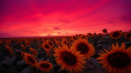 Immerse yourself in a dreamlike and ethereal landscape with this high-angle perspective photograph showcasing a vibrant sunfl