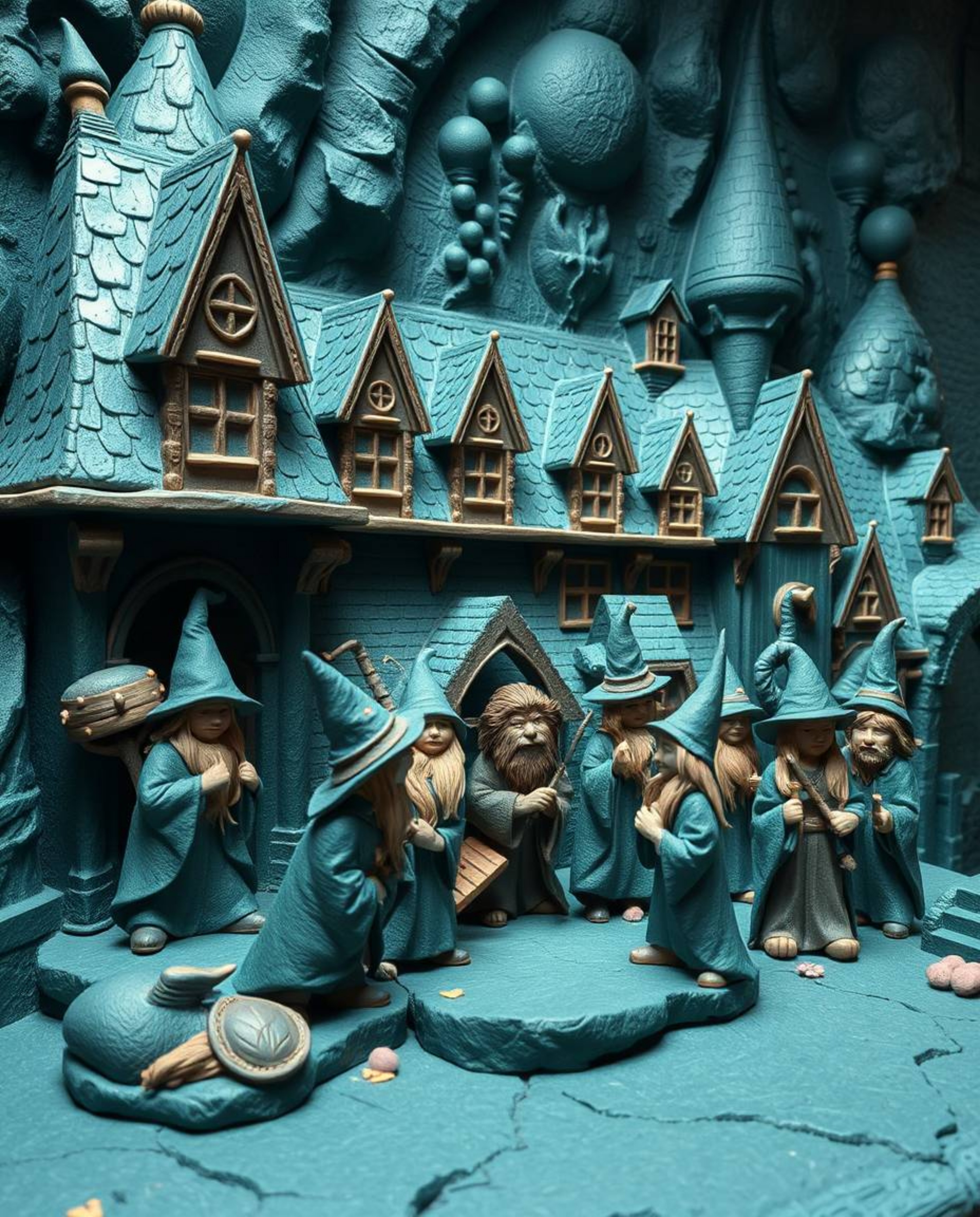 This stunning sculptural clay art depicts a magical school teeming with young wizards, rendered in luxurious and vibrant colo