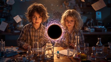 In a vibrant, cinematic photograph reminiscent of Pixar's stylized animation, an enthusiastic science fair duo—a boy with mes