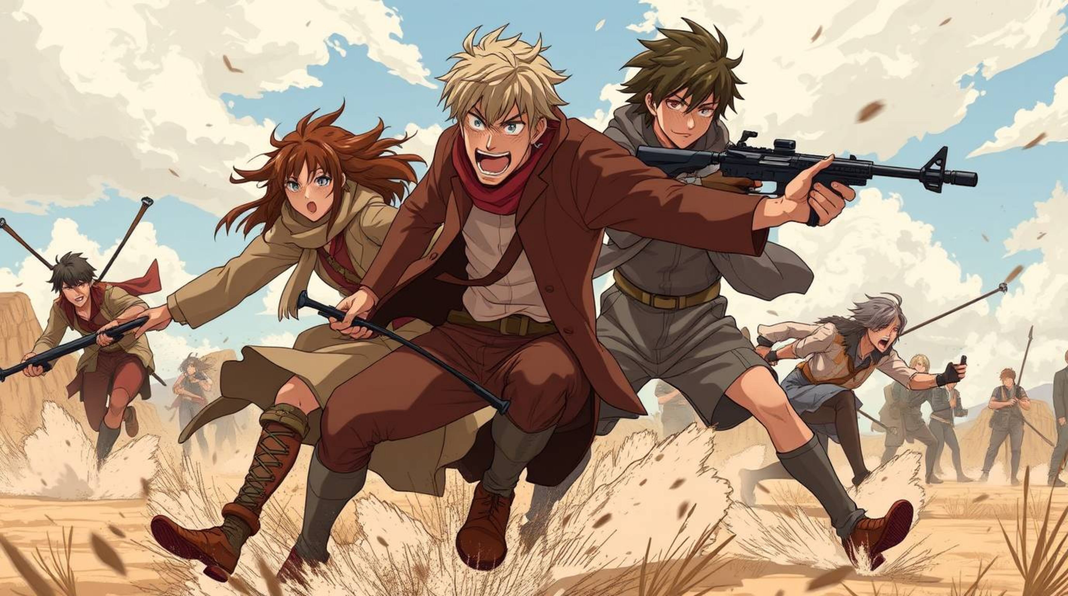 Experience the thrill of an Isekai adventure with this dynamically illustrated chase scene, rendered in a vibrant anime style