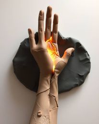 Discover unique sculptural clay art depicting a hand emerging from darkness towards the light. This piece features bold secti