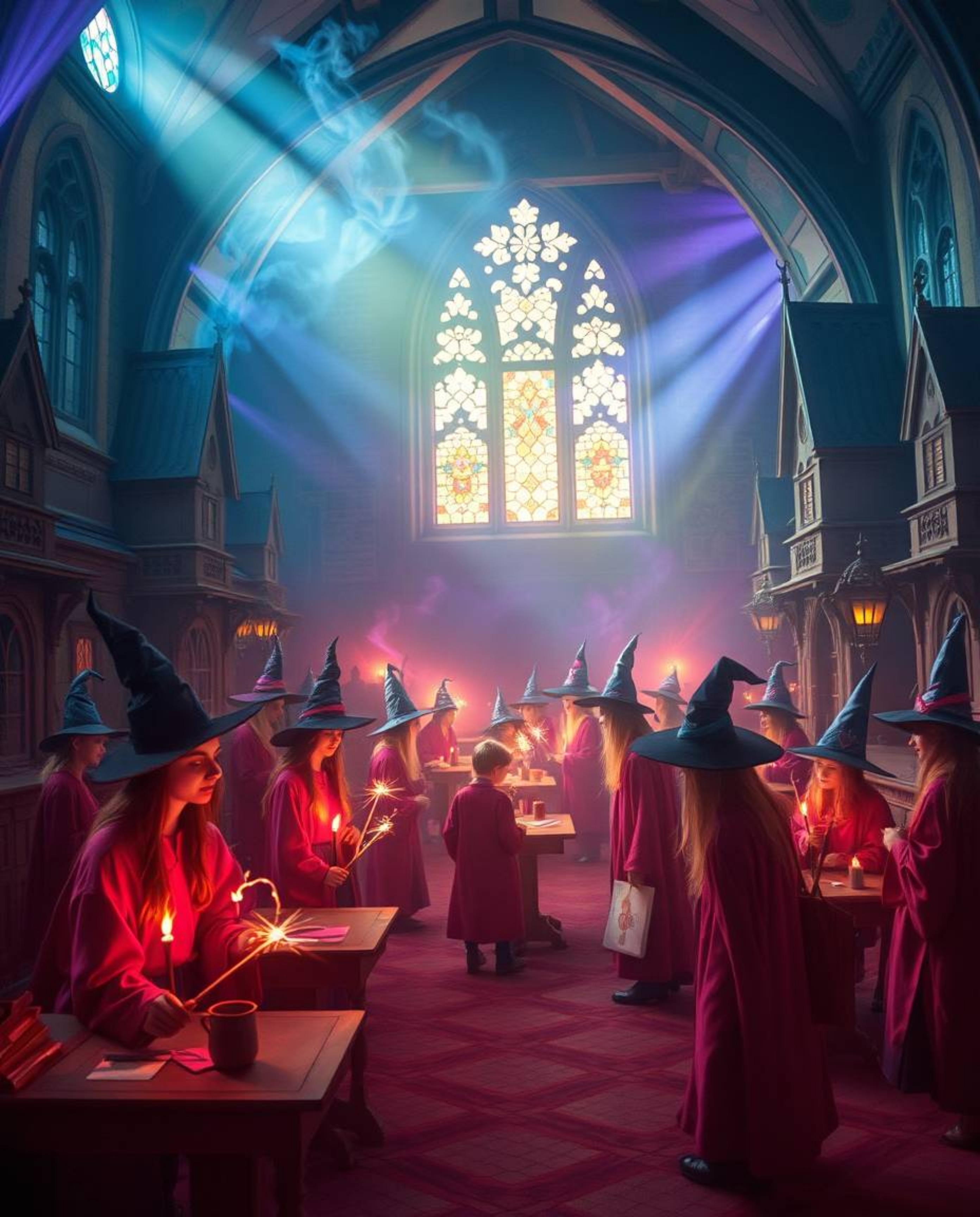 Immerse yourself in a magical school teeming with young wizards, brought to life with electric vivid colors and a hazy soft l