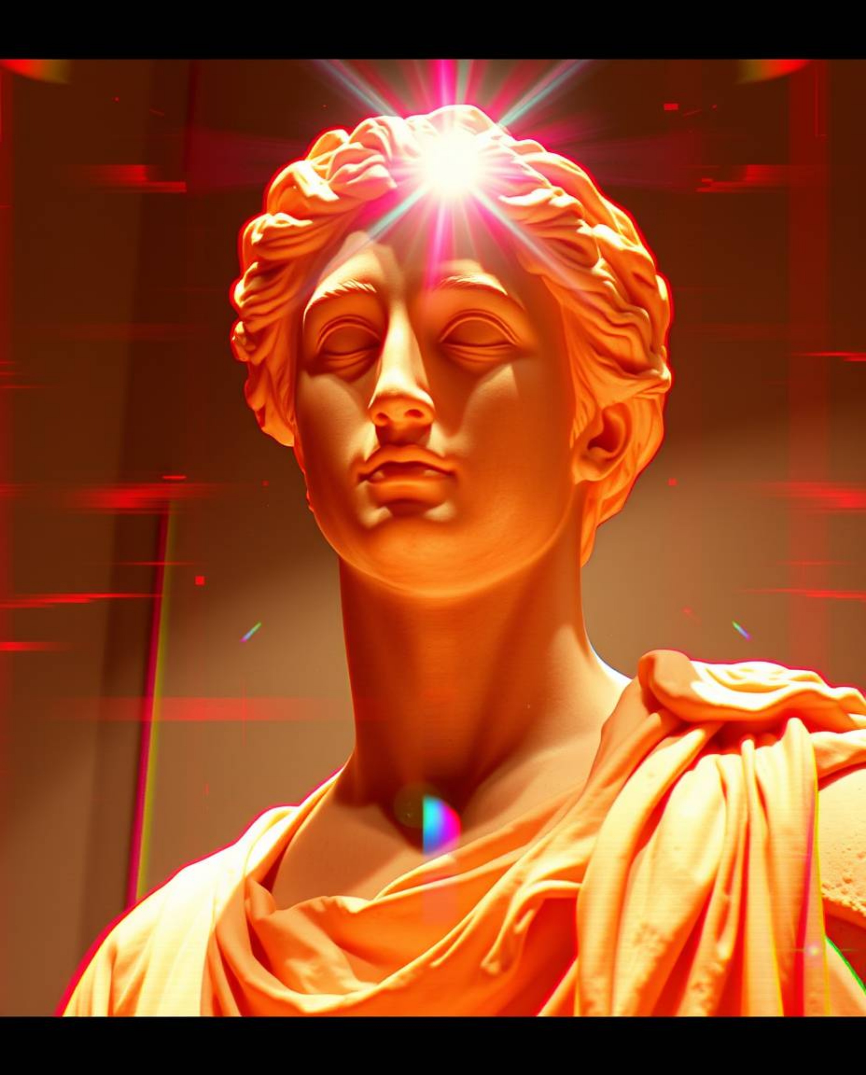 A captivating digital painting showcases a classical sculpture disrupted by a vibrant glitch effect.  Reds, oranges, and yell