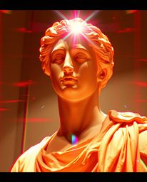 A captivating digital painting showcases a classical sculpture disrupted by a vibrant glitch effect.  Reds, oranges, and yell