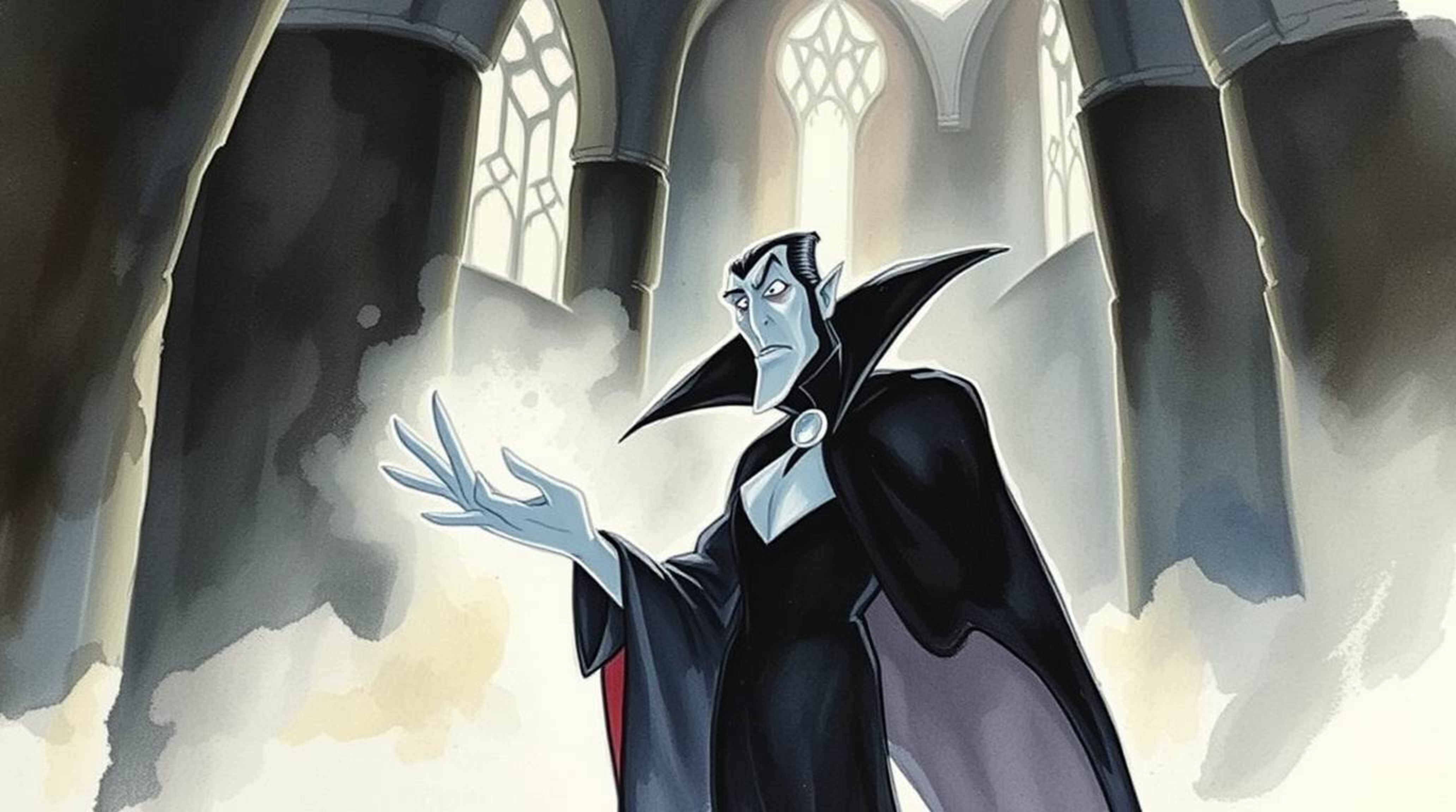 A captivating watercolor painting depicting a classic Disney villain with sharp features and pale skin casting a dramatic spe
