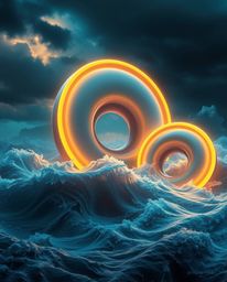 Experience intense dramatic weather swirling around futuristic 3D fluid shapes with captivating glowing edges, all set agains