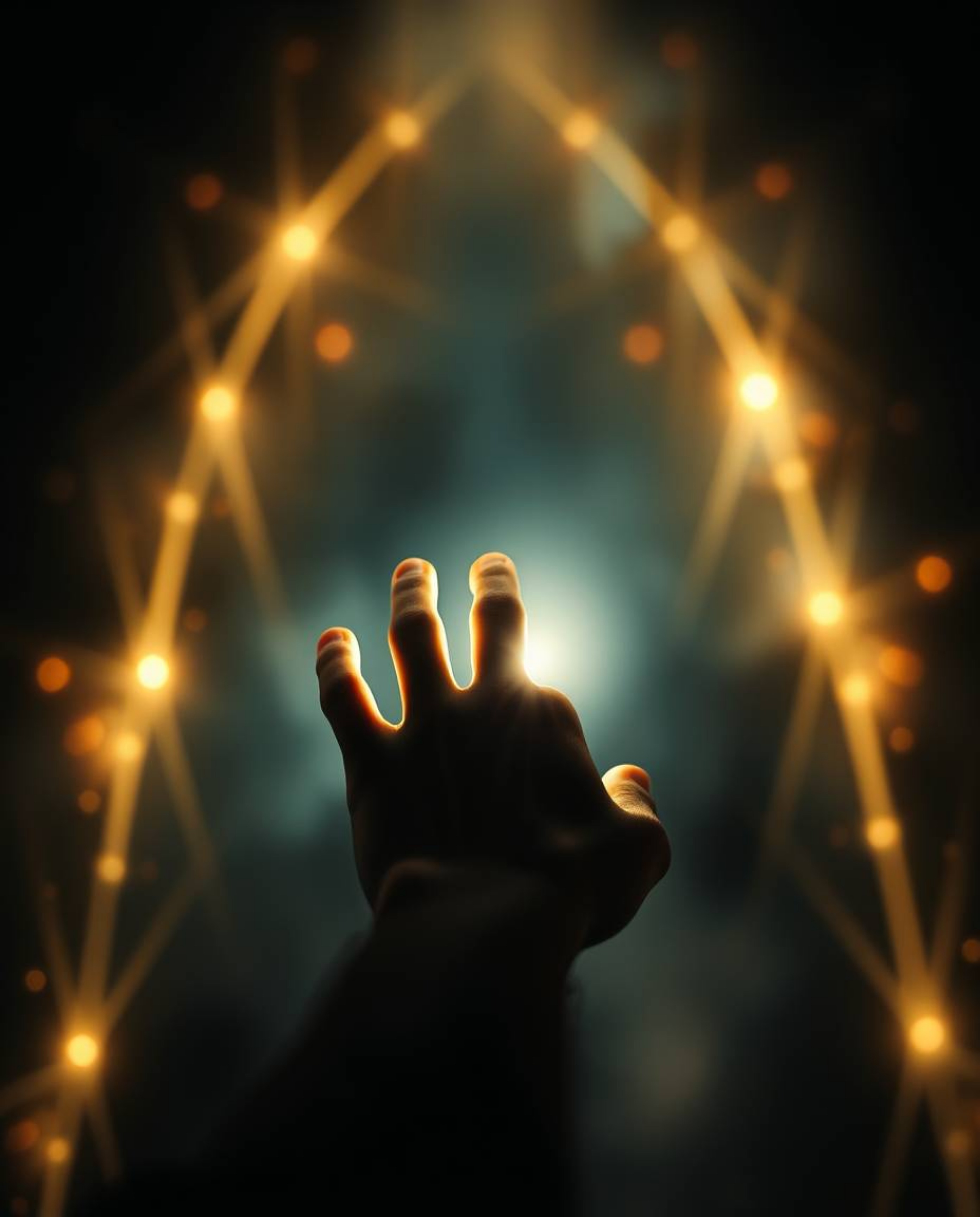 A captivating image of a hand reaching towards a radiant light source emerging from darkness.  Surrounded by a luminous aura,