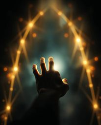 A captivating image of a hand reaching towards a radiant light source emerging from darkness.  Surrounded by a luminous aura,