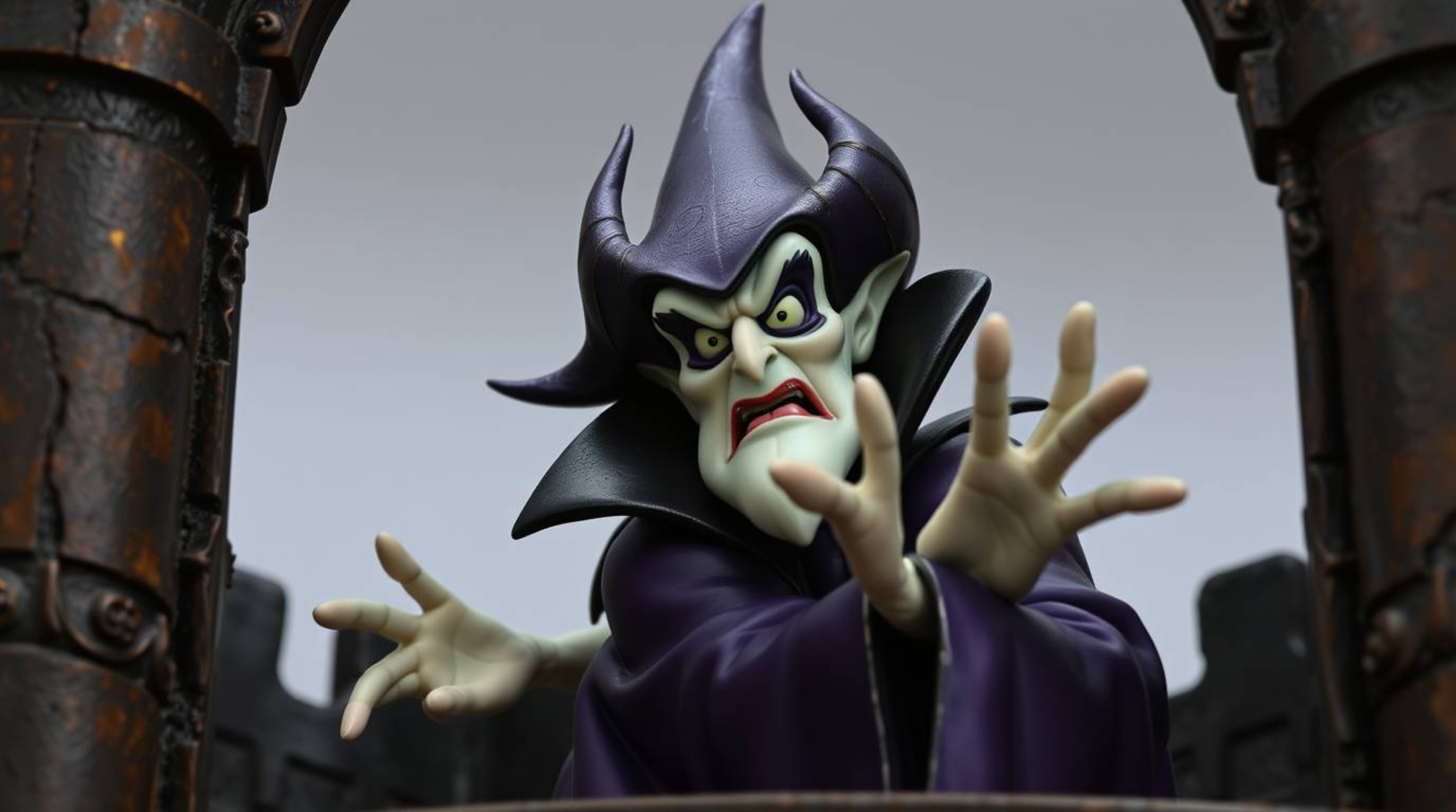 A classic Disney villain, characterized by sharp features and pale skin, weaves a captivating spell within the decaying walls