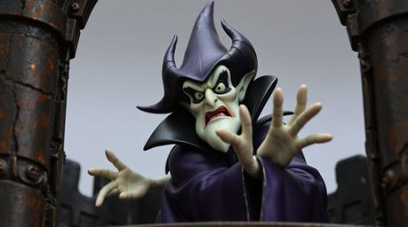 A classic Disney villain, characterized by sharp features and pale skin, weaves a captivating spell within the decaying walls