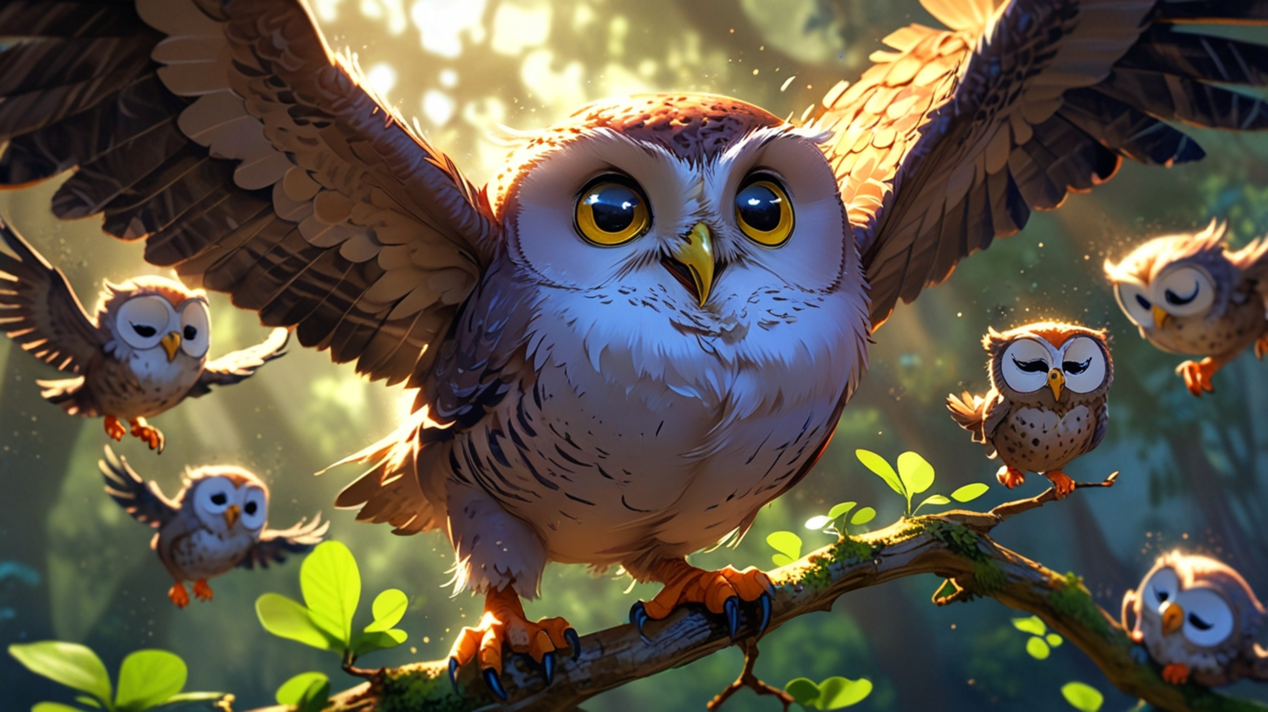 In a heartwarming and adorable scene, created in a beautiful blend of Pixar and anime styles, a wise blind owl mentor is seen