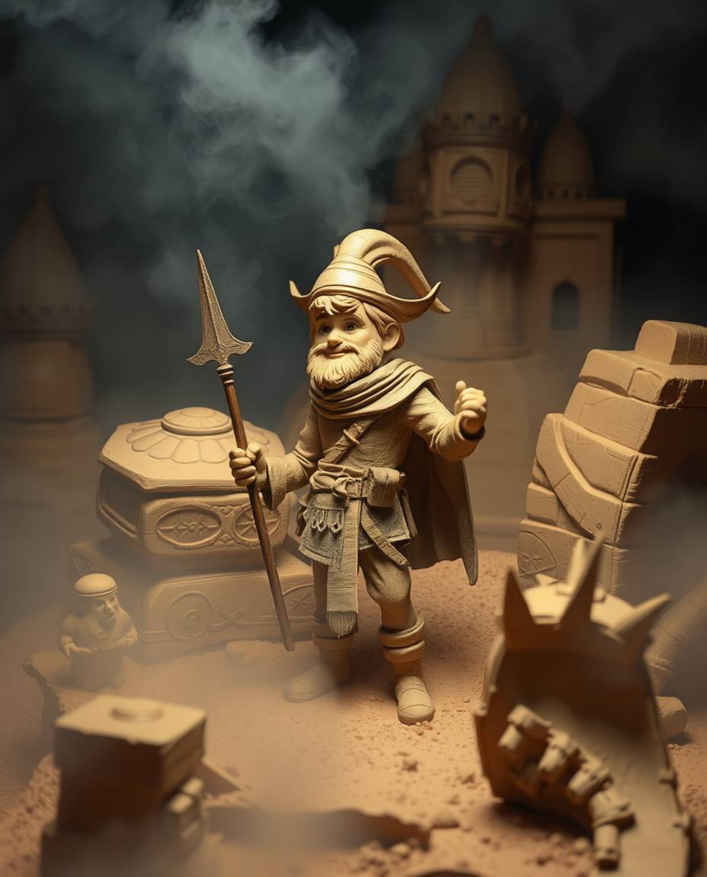 A captivating papier-mâché sculpture portrays a brave hero embarking on a Disney-style desert adventure. The artwork feature