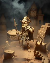 A captivating papier-mâché sculpture portrays a brave hero embarking on a Disney-style desert adventure.  The artwork feature
