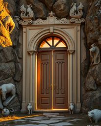 Discover a graceful and elegant ancient doorway, glowing with mysterious runes and nestled within a majestic mountainside. Ba
