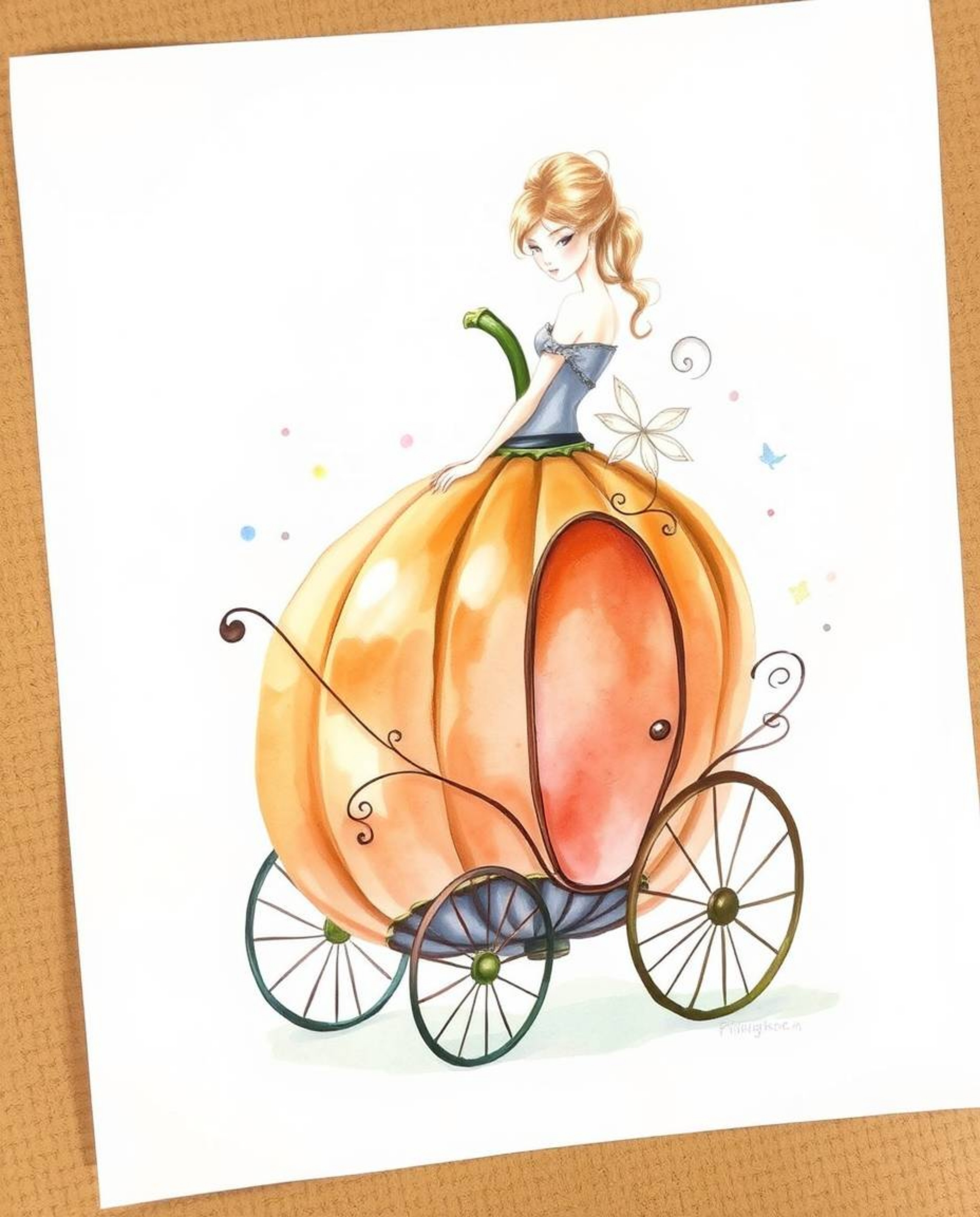A delicate watercolor painting depicts the enchanting transformation of a graceful pumpkin into a magical carriage.  The artw