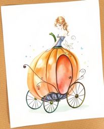 A delicate watercolor painting depicts the enchanting transformation of a graceful pumpkin into a magical carriage.  The artw