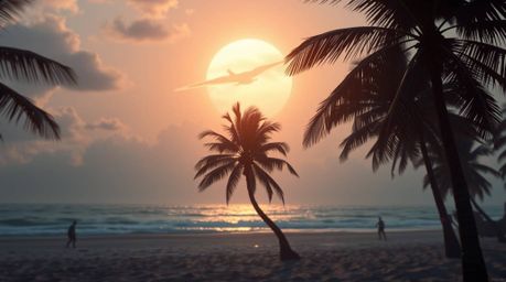 Immerse yourself in a futuristic sci-fi digital painting showcasing a breathtaking tropical beach sunset. Swaying palm trees 