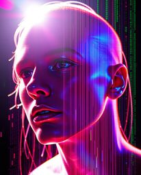 A captivating visual experience showcasing a human face undergoing a digital transformation, glitching into a vibrant data st