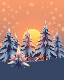 A modern flat design illustration featuring sunset light sparkling on snowy pine trees. Warm golden hour light, a soft backgr