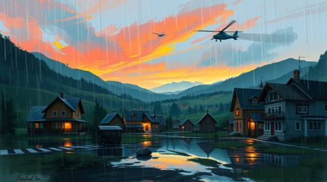 A captivating digital painting showcases a cozy village nestled in a valley, bathed in the soft glow of a colorful sky.  Driz