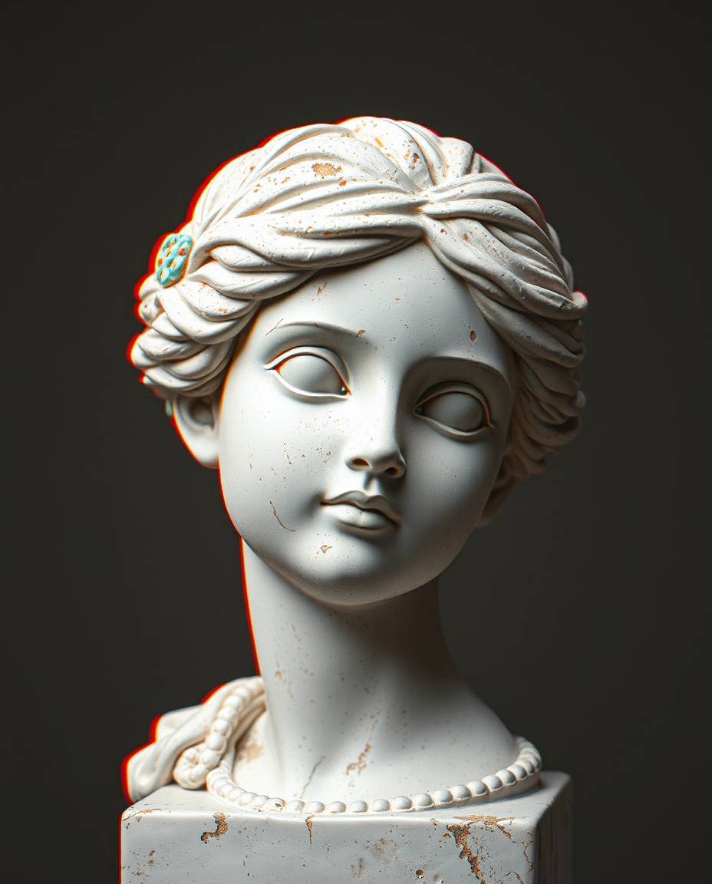 This artwork features a moody, adorable, and cute classical sculpture with a vibrant and eye-catching colorful glitch effect.