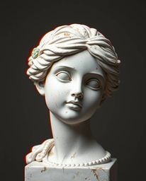 This artwork features a moody, adorable, and cute classical sculpture with a vibrant and eye-catching colorful glitch effect.