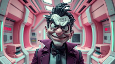 A villain with a comical expression resides in a pastel-colored high-tech lair, where soft pinks, lavenders, and mint greens 