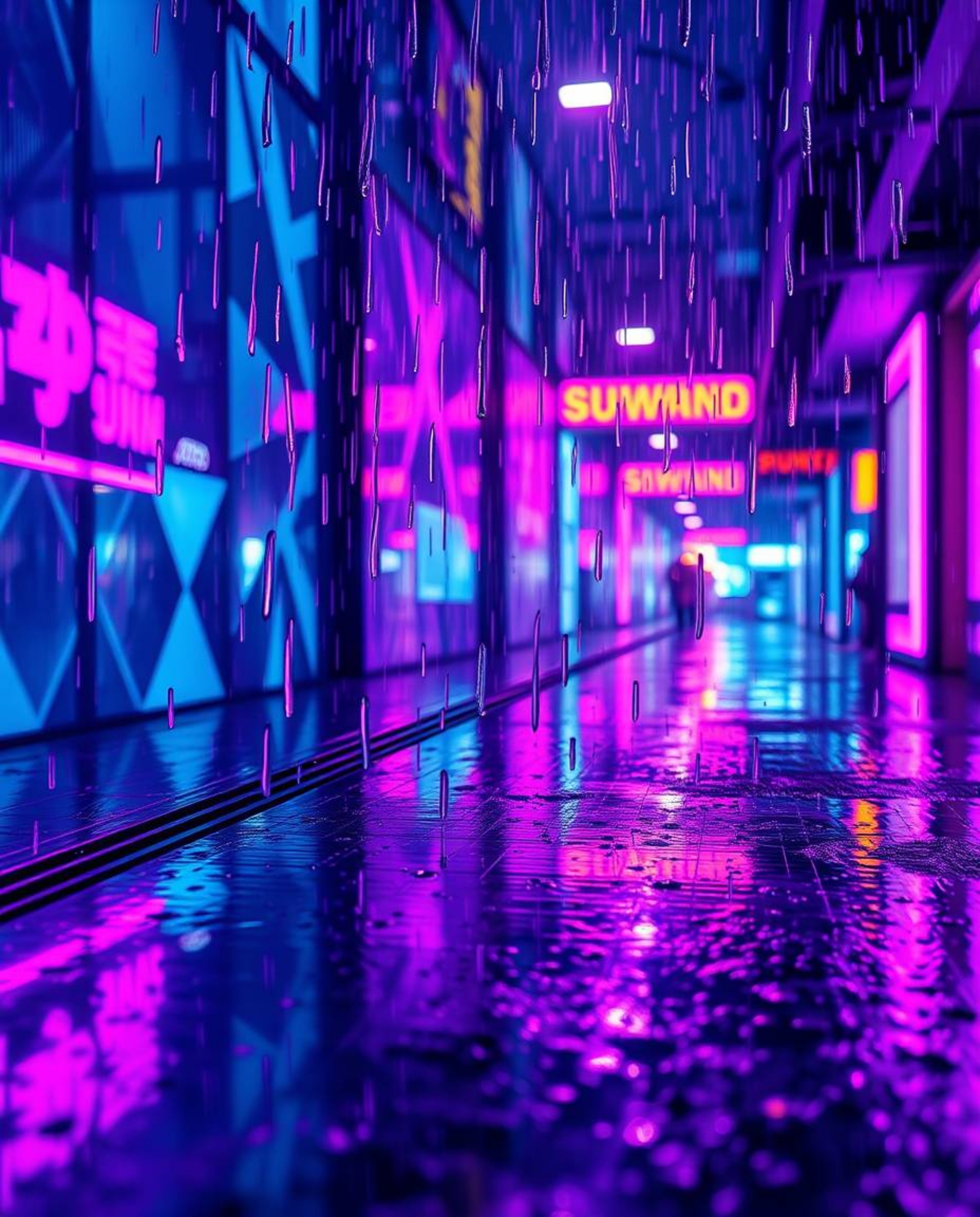 A wet and rainy scene presents a futuristic digital interface characterized by intricate geometric patterns and a captivating
