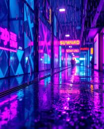 A wet and rainy scene presents a futuristic digital interface characterized by intricate geometric patterns and a captivating