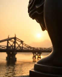 This image features a bronze sculpture with an antique patina finish, set against the backdrop of an old wooden bridge over a