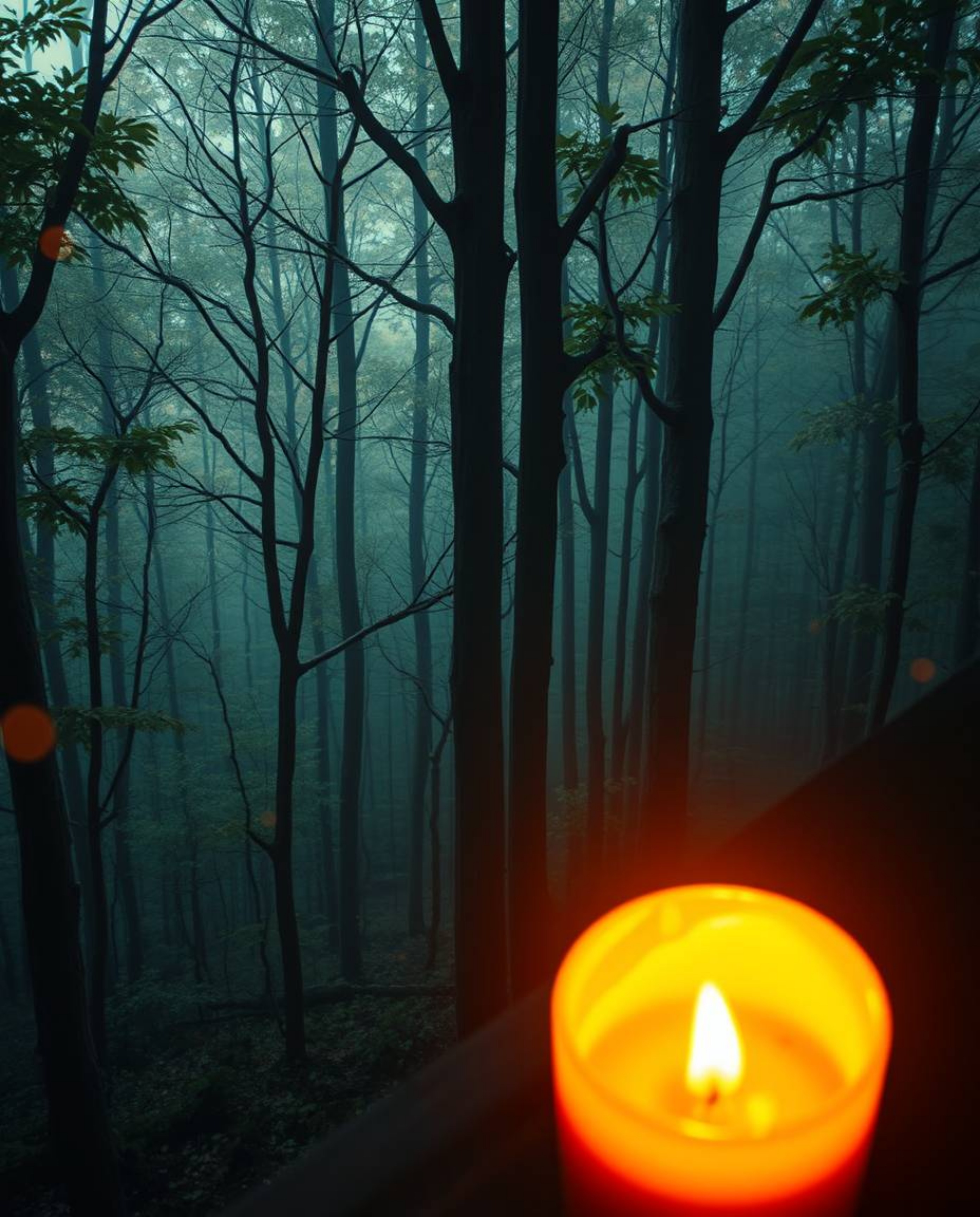 A captivating digital painting showcases a surreal contrast between flickering candlelight and a glitched natural forest.  Th