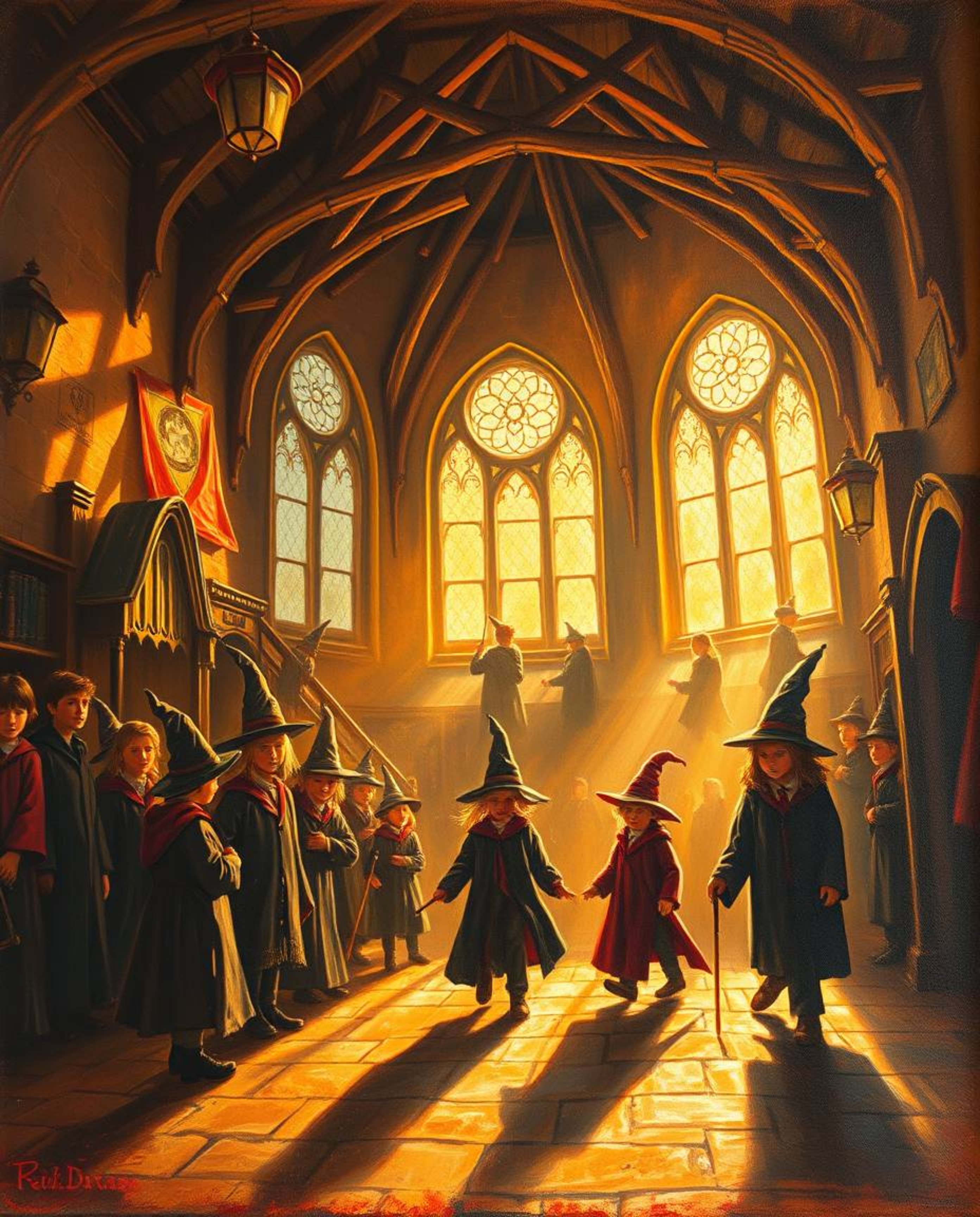 A captivating classic oil painting depicts a magical school brimming with young wizards, bathed in the warm glow of golden ho