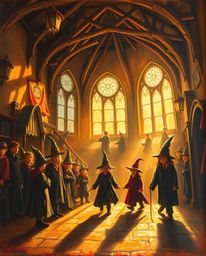 A captivating classic oil painting depicts a magical school brimming with young wizards, bathed in the warm glow of golden ho