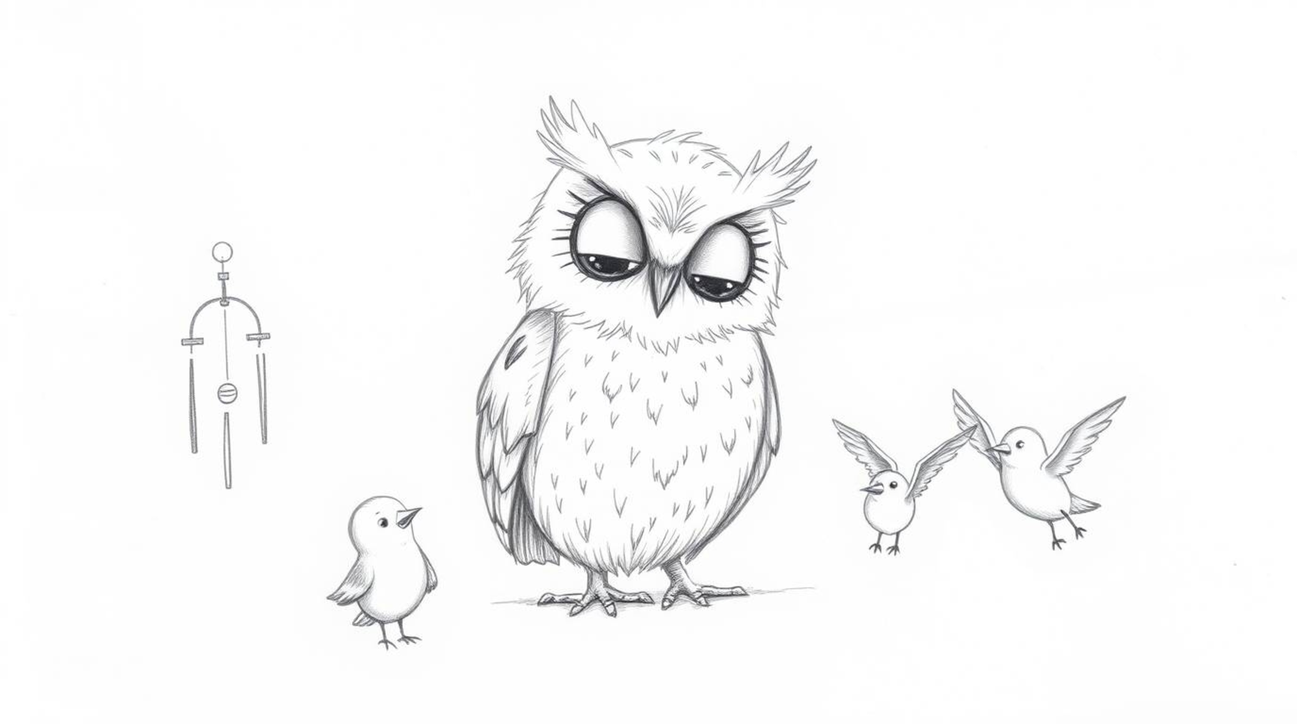 A heartwarming, hand-drawn sketch in Pixar style depicts a blind owl with soft, fluffy feathers patiently teaching small bird