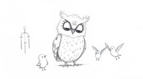 A heartwarming, hand-drawn sketch in Pixar style depicts a blind owl with soft, fluffy feathers patiently teaching small bird