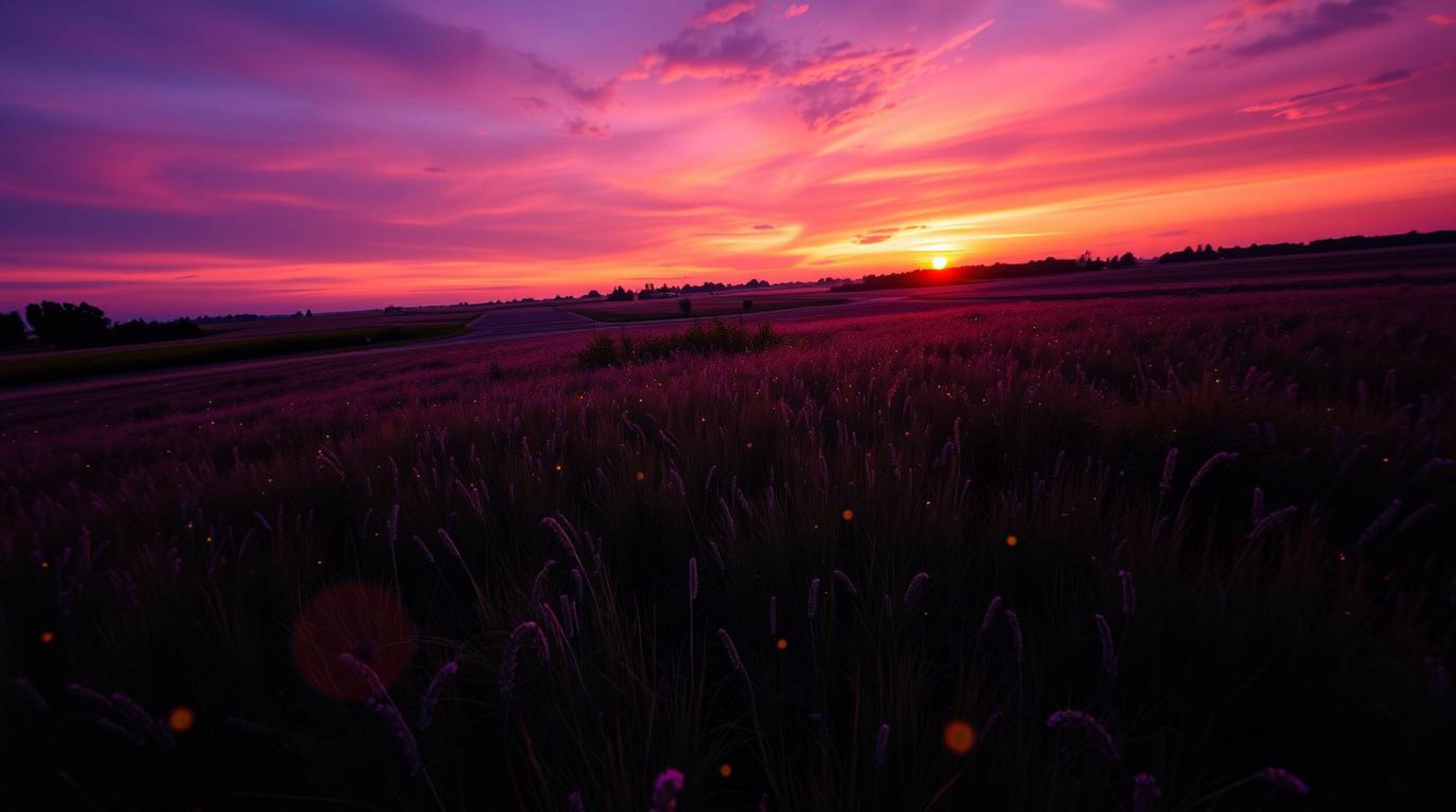 Experience the magic of a dreamlike sunset over a tranquil meadow.  This stunning overhead shot captures the vibrant purples 