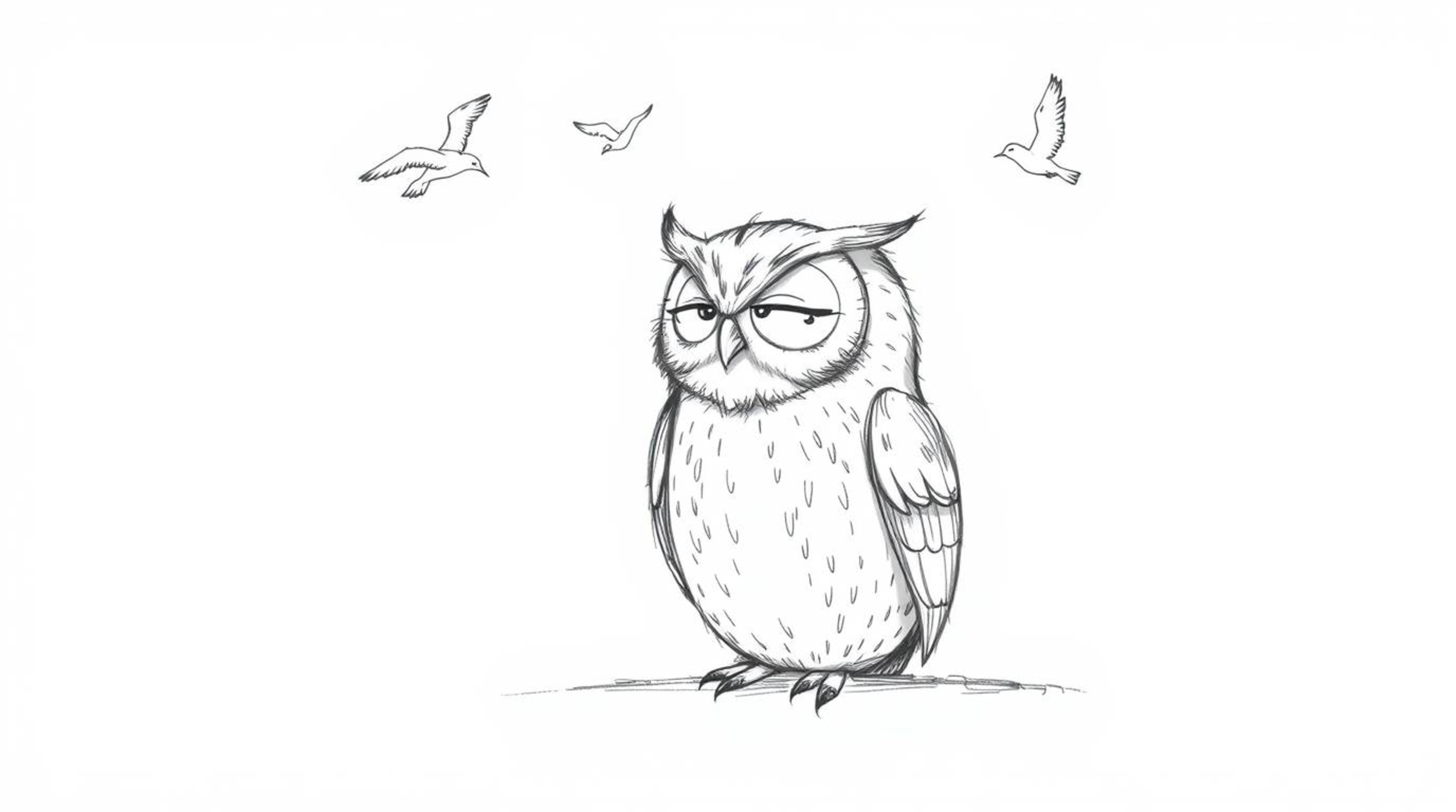 A hand-drawn sketch in the style of Pixar depicts a blind owl with soft, textured pencil strokes, calmly seated against a whi