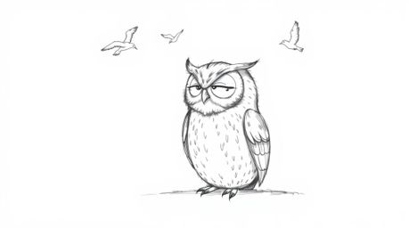 A hand-drawn sketch in the style of Pixar depicts a blind owl with soft, textured pencil strokes, calmly seated against a whi