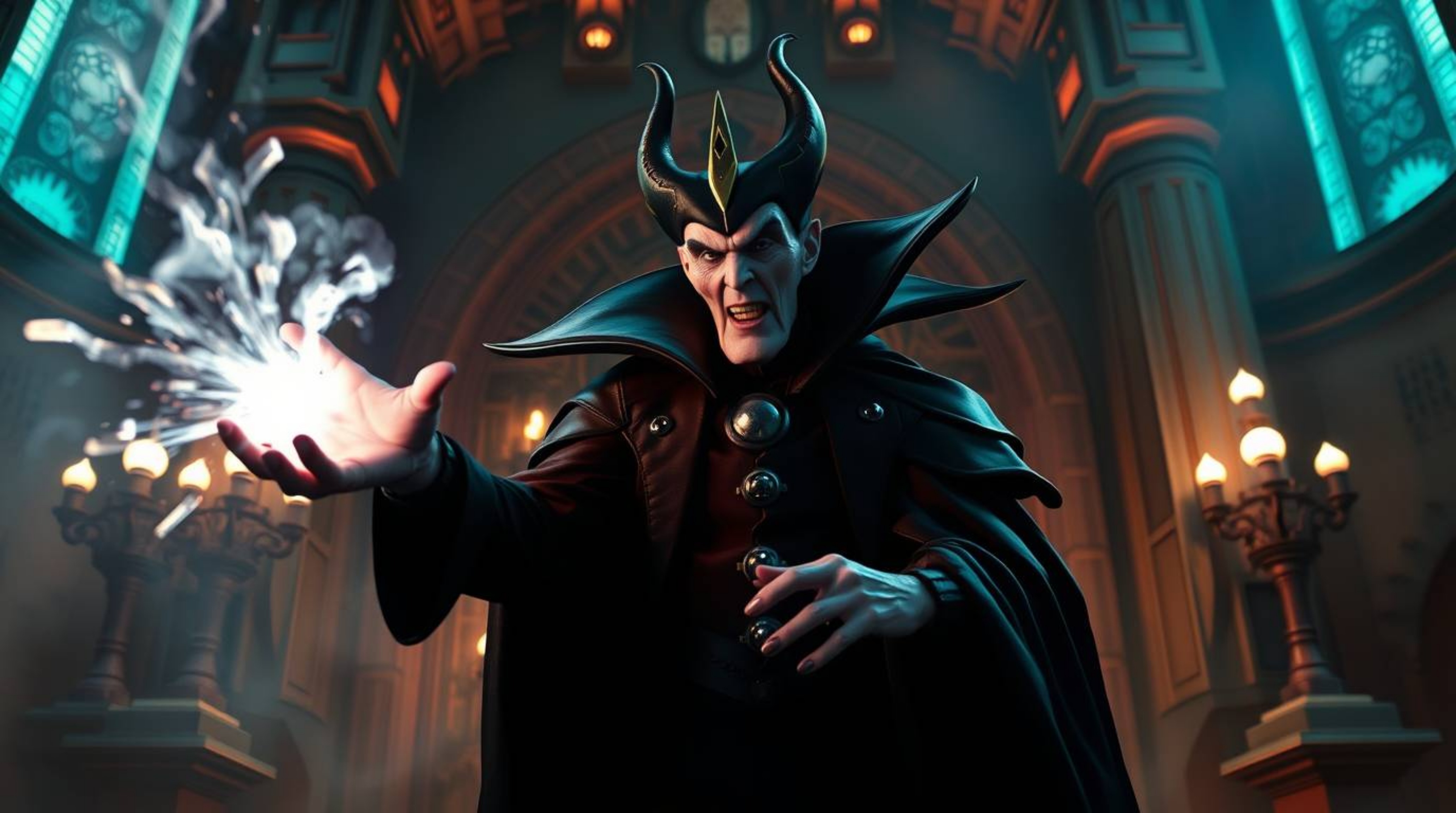 A classic Disney villain, clad in futuristic attire, casts a powerful spell within a breathtaking sci-fi castle. The scene i