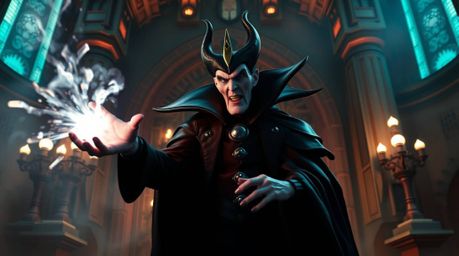 A classic Disney villain, clad in futuristic attire, casts a powerful spell within a breathtaking sci-fi castle. The scene i