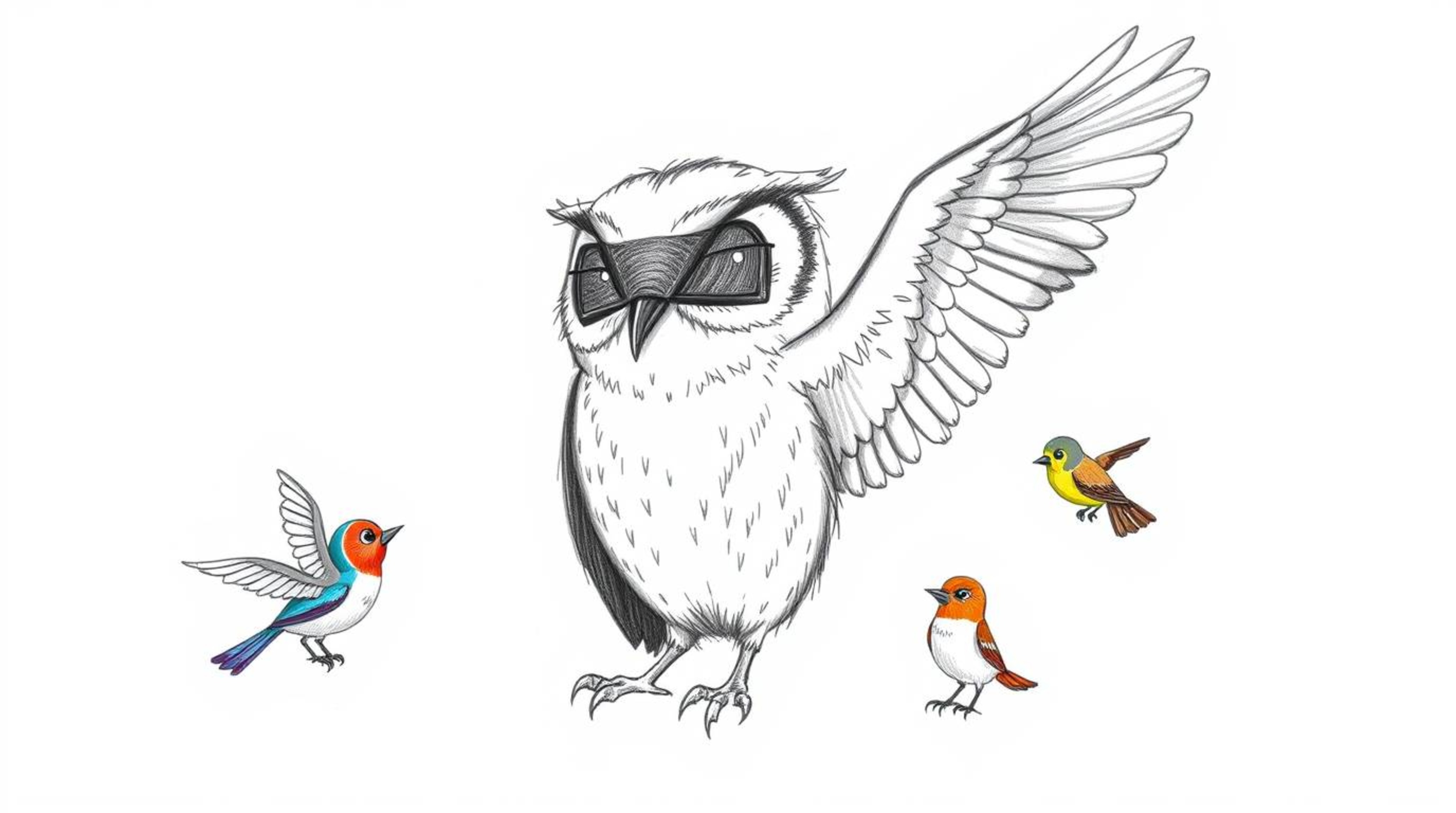 A charming hand-drawn sketch in the style of Pixar depicts a wise, blind owl with soft feathers and expressive eyes teaching 