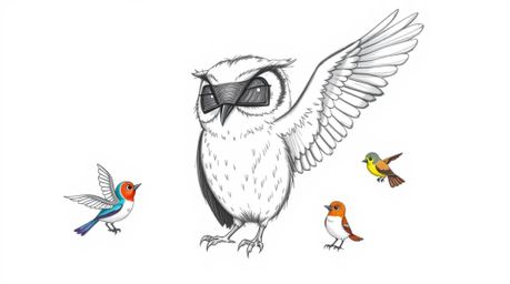 A charming hand-drawn sketch in the style of Pixar depicts a wise, blind owl with soft feathers and expressive eyes teaching 
