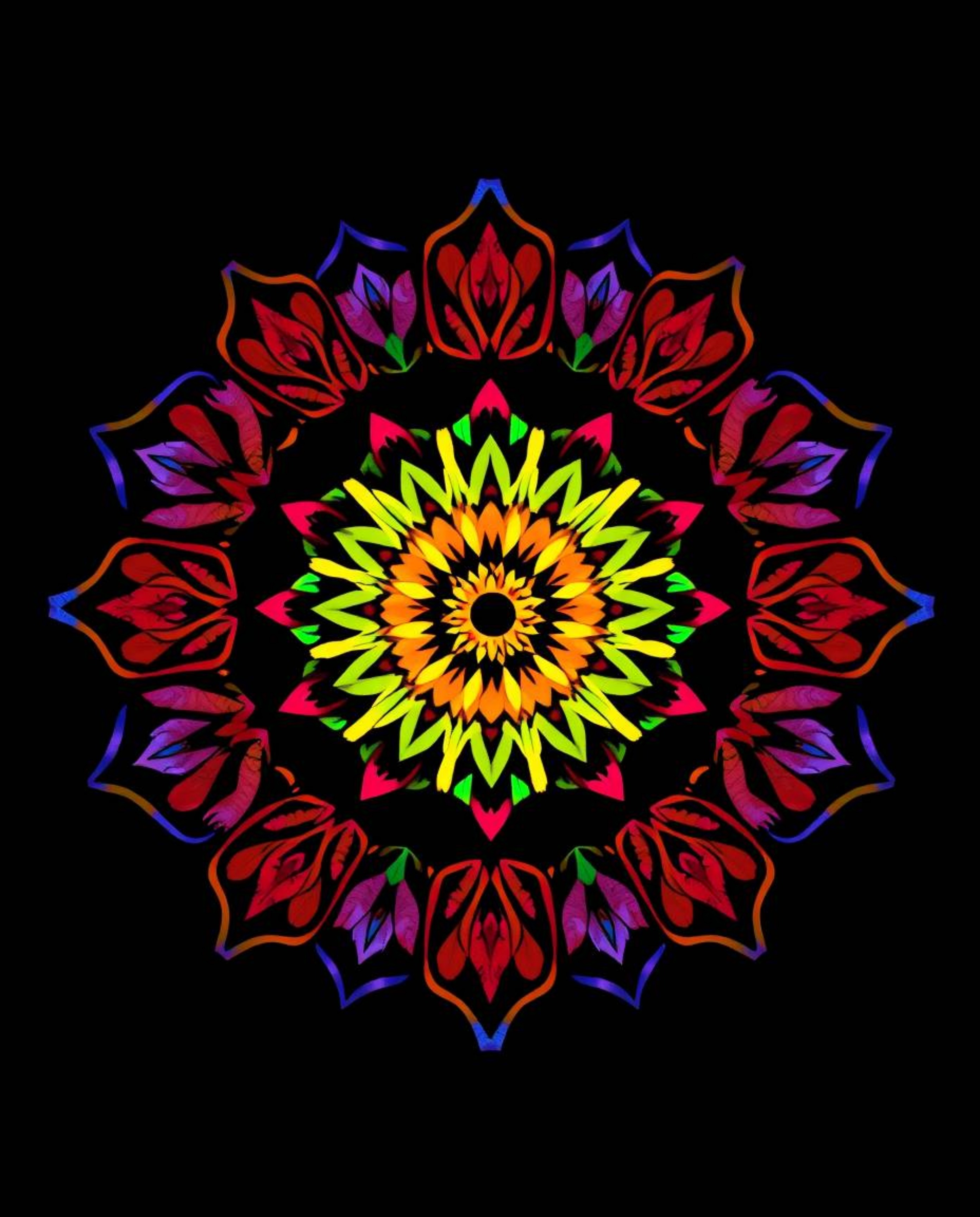 A captivating geometric floral mandala bursts with vibrant colors and a perfectly symmetrical design.  Intense jet black back