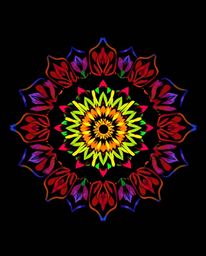 A captivating geometric floral mandala bursts with vibrant colors and a perfectly symmetrical design.  Intense jet black back