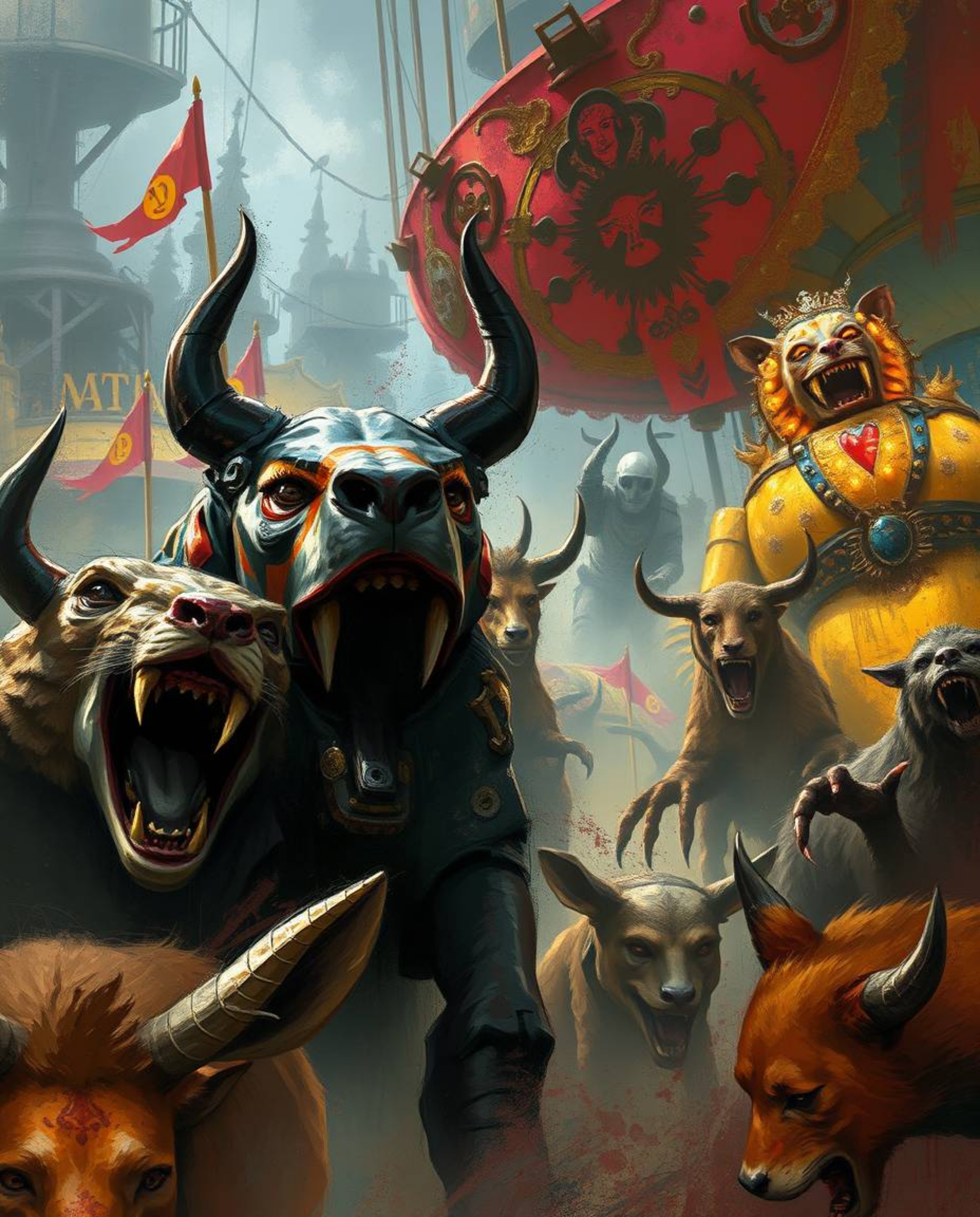 This artwork features an extreme macro close-up digital sketch depicting a carnival overtaken by wild animals. The piece util