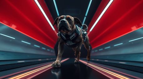 Explore a stunning high-resolution stock photo capturing a dramatic low-angle perspective of a futuristic dog confidently wal