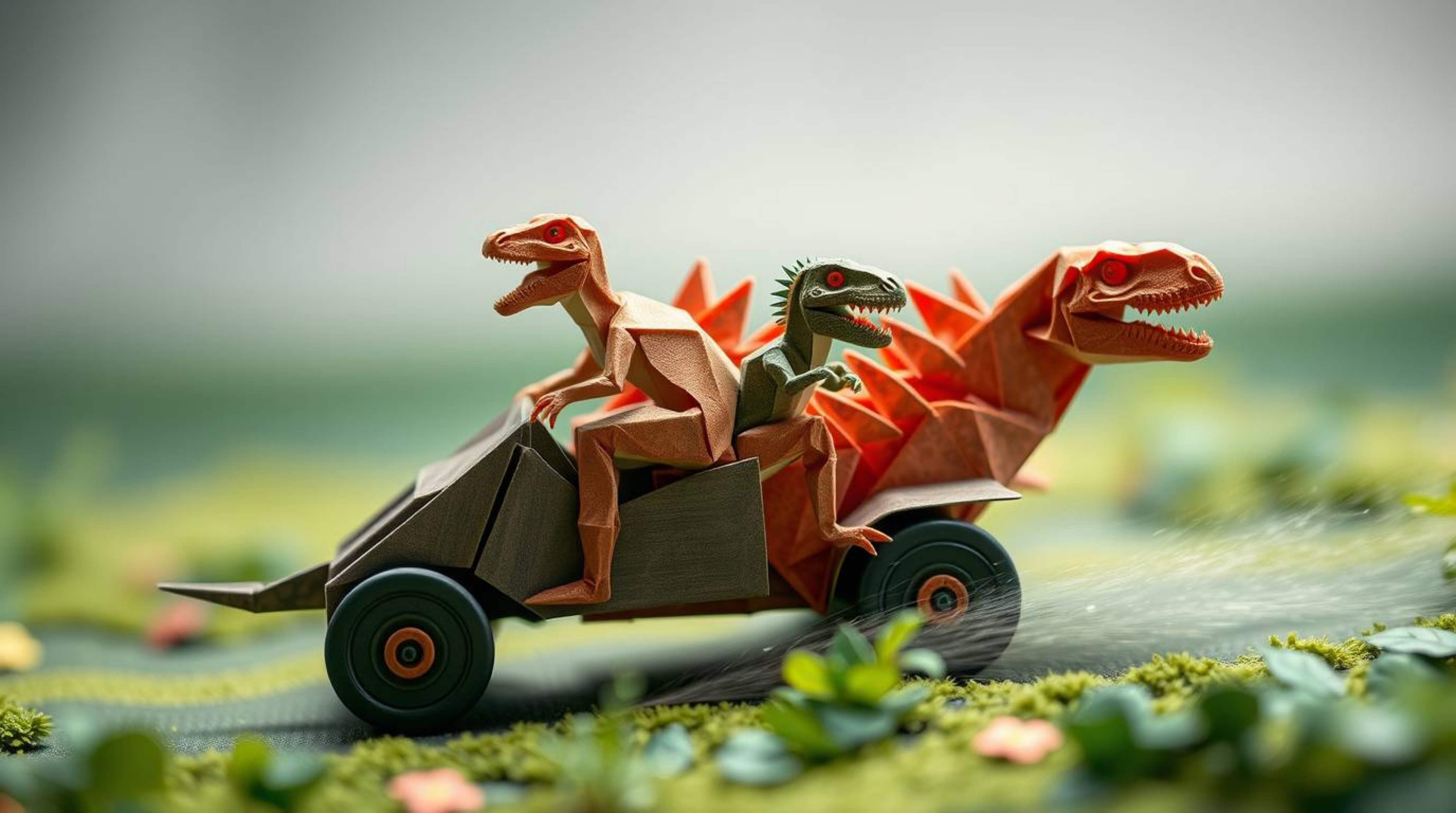 Experience the whimsical fusion of prehistoric life and intricate origami in this extreme macro close-up. A miniature dinosau